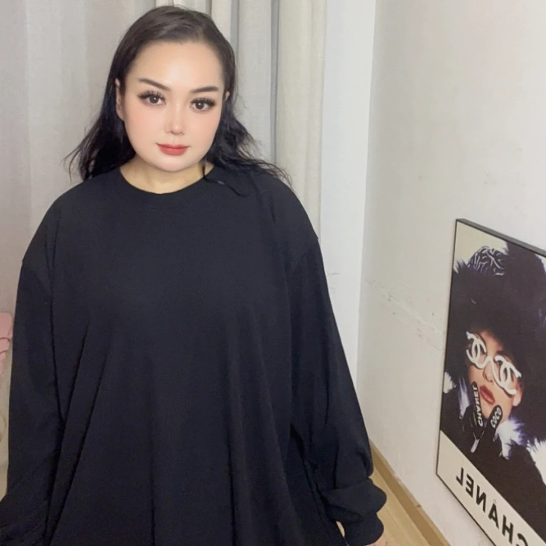 大码女装胖mm遮肚藏肉2025秋季新款中长款宽松长袖t恤女上衣