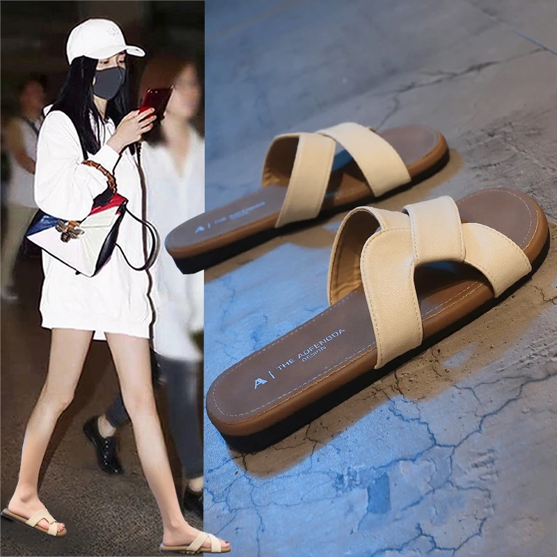 爆款小众扭结交叉拖鞋女夏外穿2025年新款一字拖韩版百搭平底凉拖