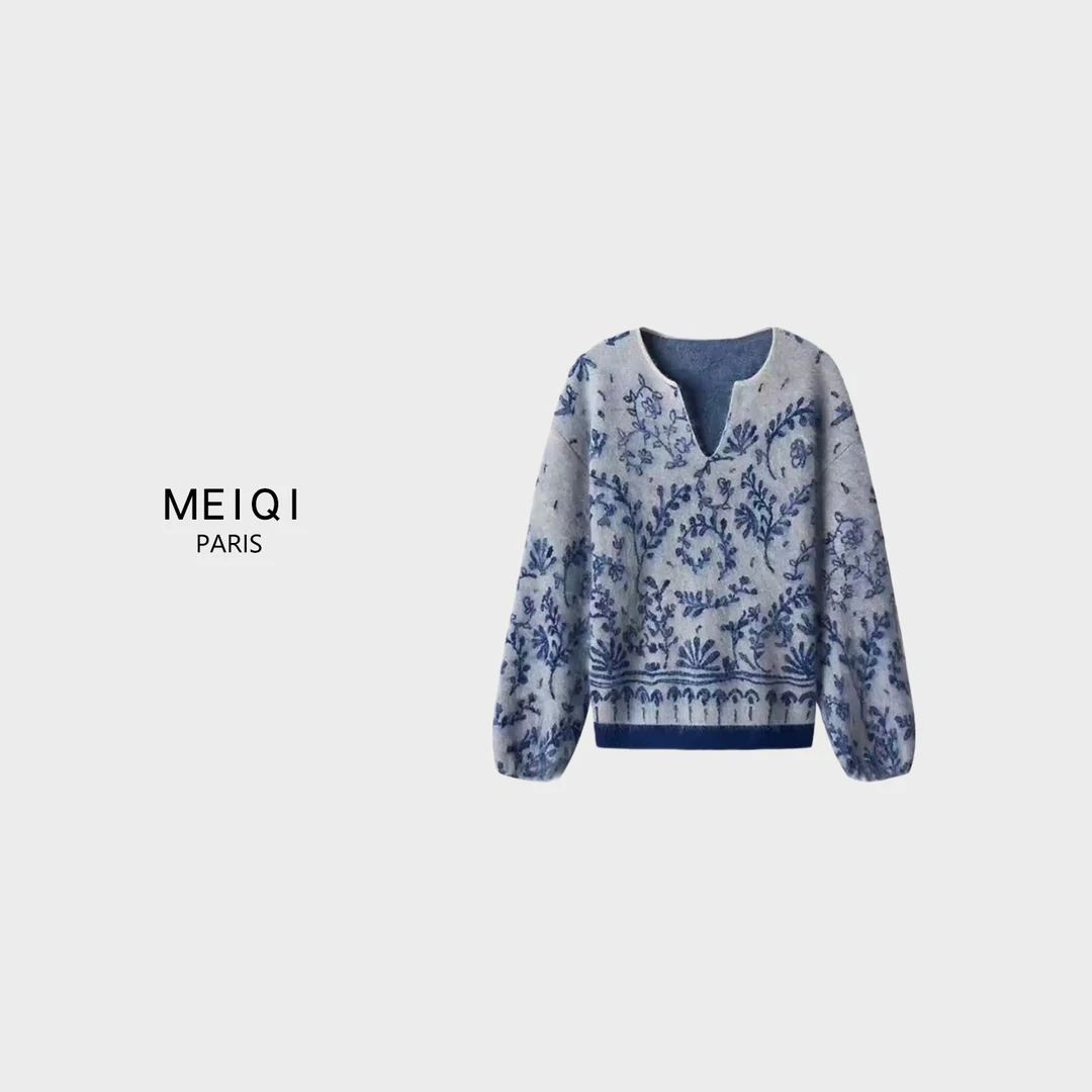 MeiQi欧洲站！青花瓷-羊毛拉绒丨秋冬高级感宽松羊毛衫上衣女D1488