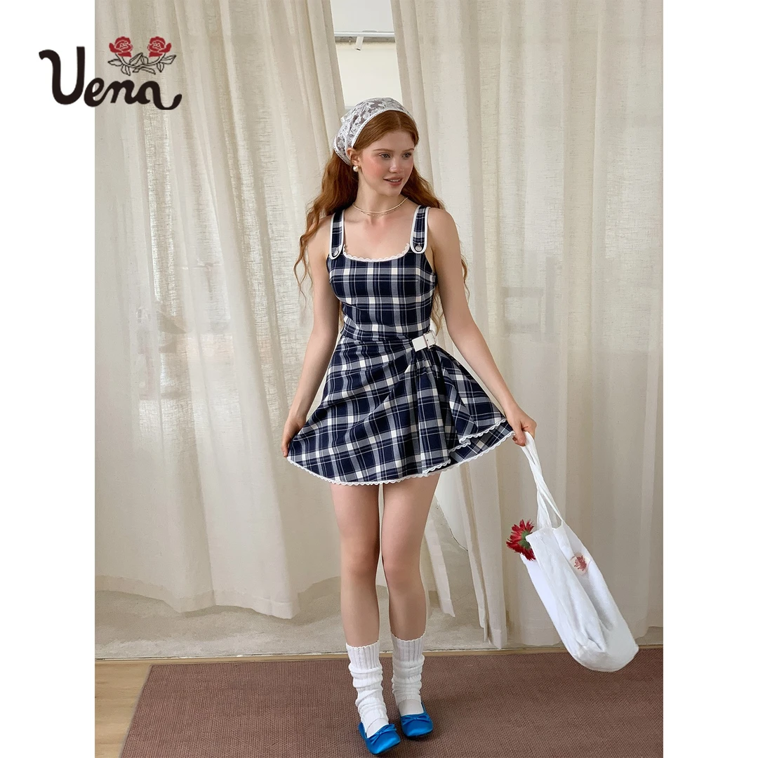 【青春未完诗】Uena蓝色格纹腰部皮袢蕾丝花边下摆方领吊带连衣裙