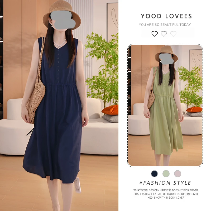 2025年夏季淡人气质显瘦无袖单排扣连衣裙简约大气收腰巨好看裙子