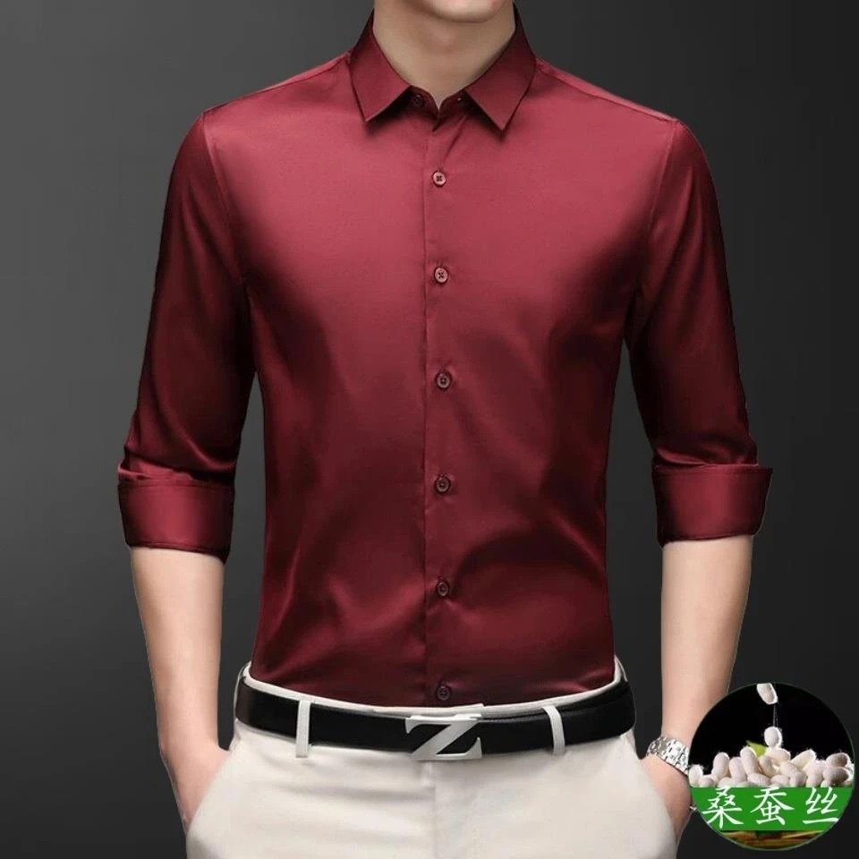 高端桑蚕丝衬衫男士长袖春秋高级感抗皱免烫商务休闲衬衣酒红寸衫