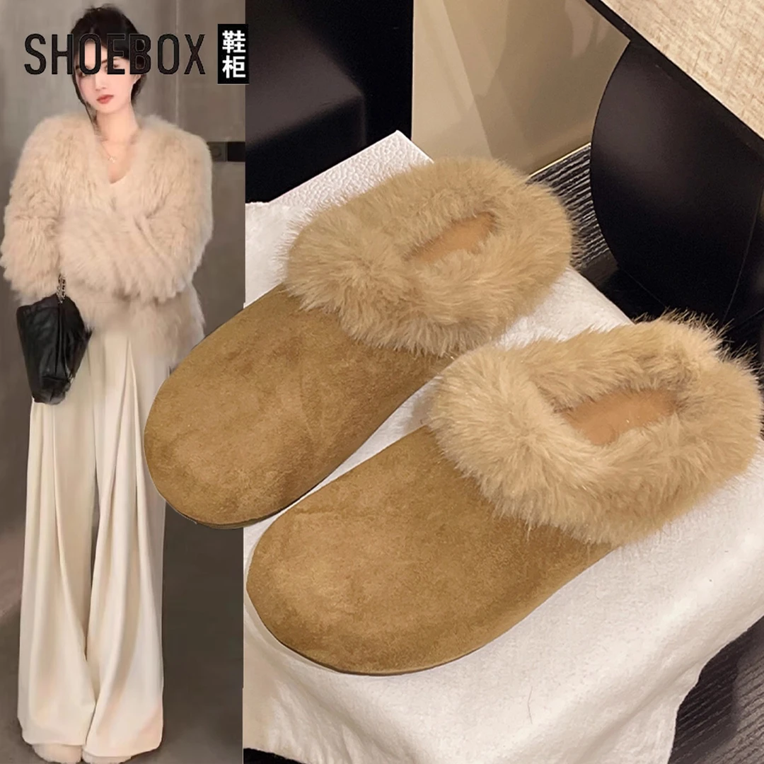 SHOEBOX鞋柜保暖加绒勃肯包头半拖鞋女外穿2025秋冬毛毛棉拖鞋