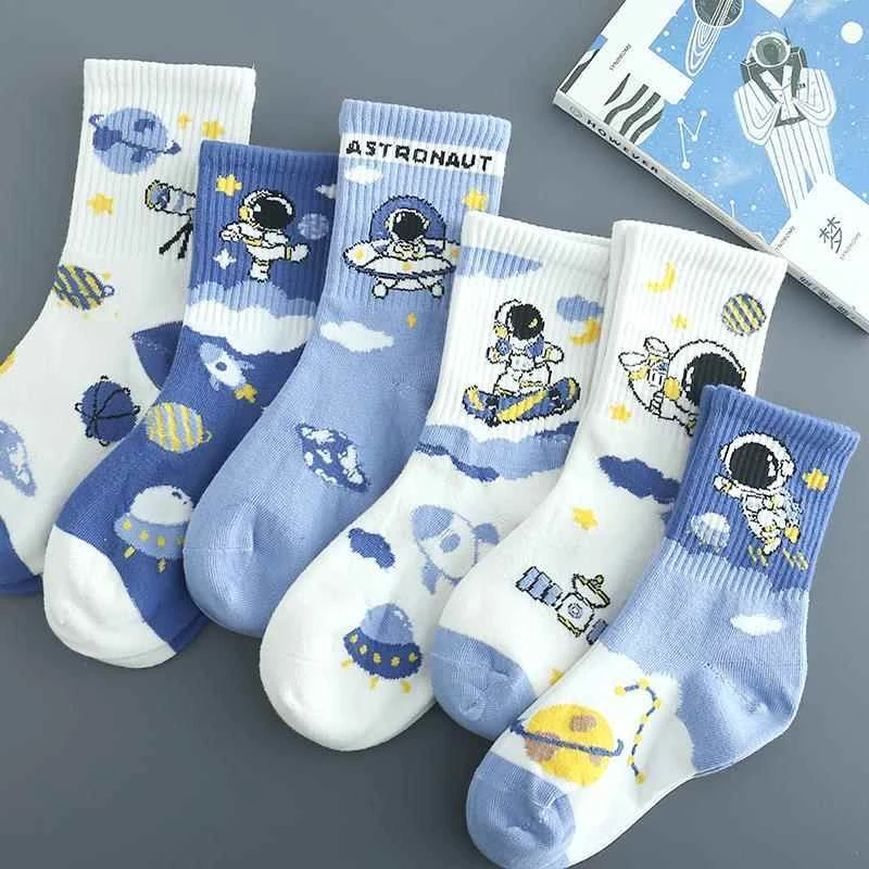 儿童袜子春秋款男童春款中筒卡通宇航员学生青少年男孩中大童运动
