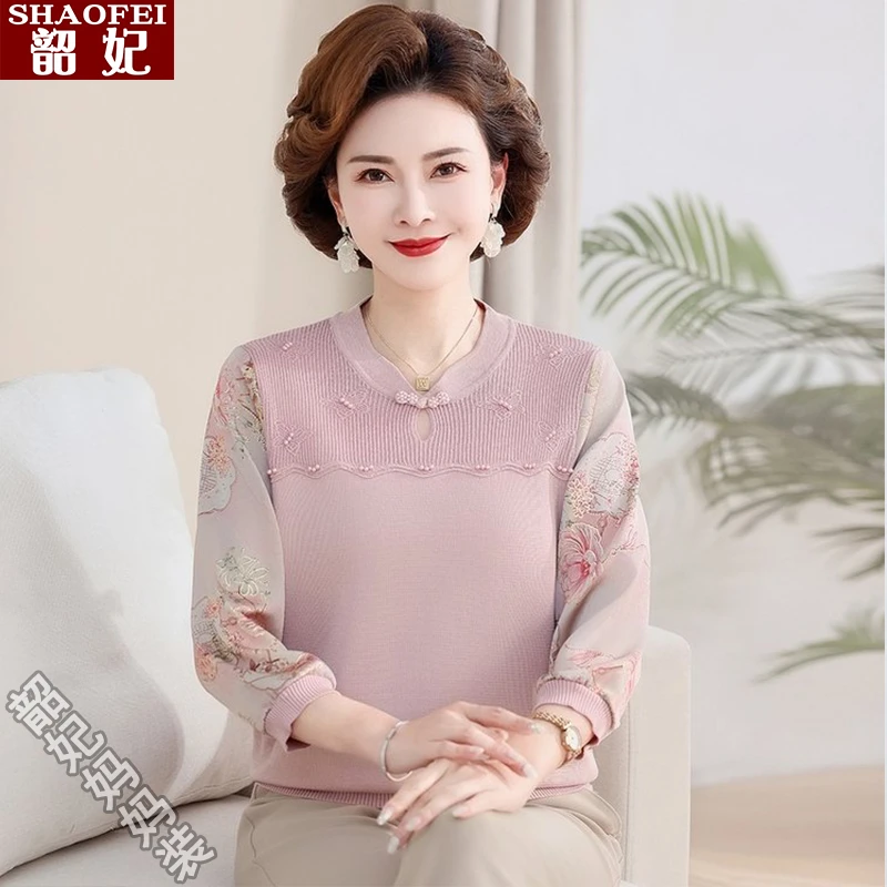 妈妈春夏装新款薄纱袖针织绣花小衫时尚中老年女春季洋气减龄上衣
