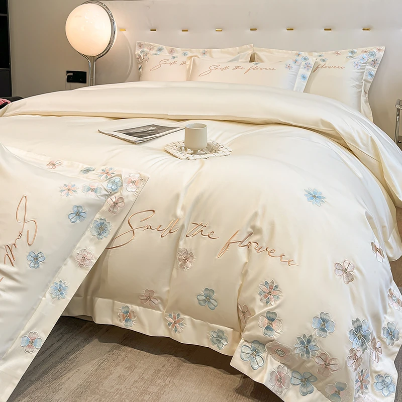 富安娜高档200支A类长绒棉轻奢全棉裸睡四件套纯棉床单被套床用品