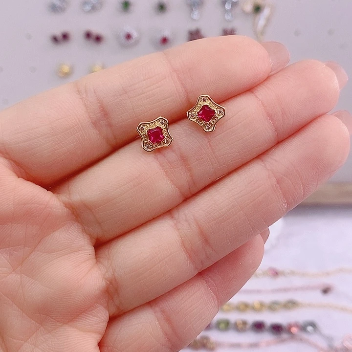 红宝石耳饰银S925镶嵌红刚玉