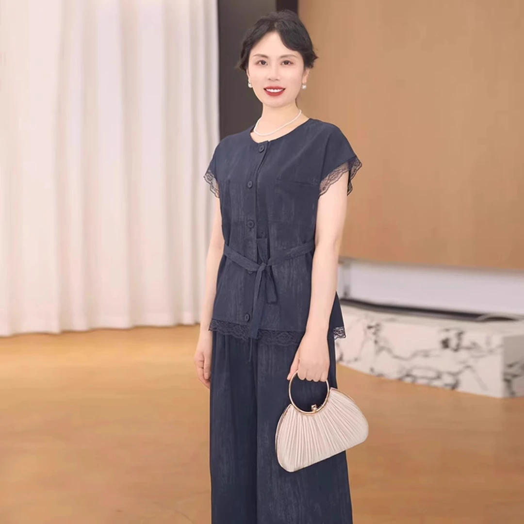 妈妈夏装短袖小衫洋气套装2025新款中老年女装时尚t恤上衣两件套