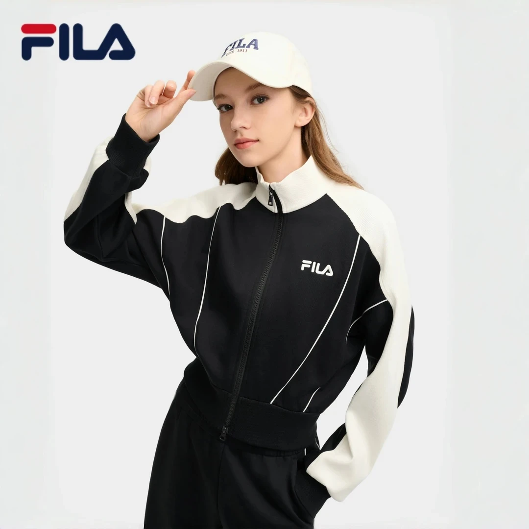 FILA斐乐女款早春时尚休闲黑白撞色立领外套上衣F11W519502F