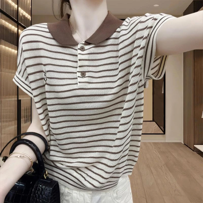 休闲外穿上衣条纹短袖T恤衫2025夏季爆款洋气遮肚子藏肉欧美小衫