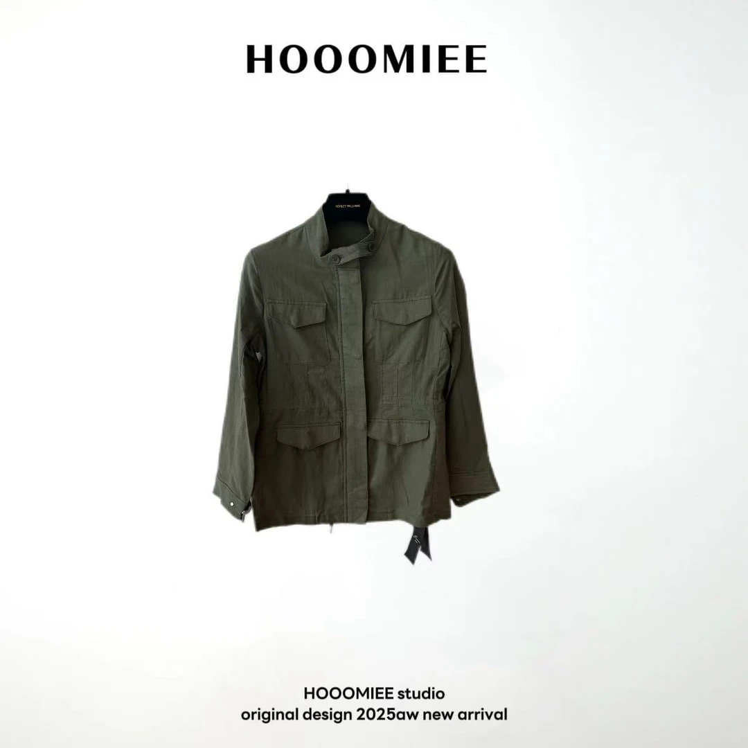 Hooomiee半麻军绿色口袋长袖女士衬衫外套XY9397