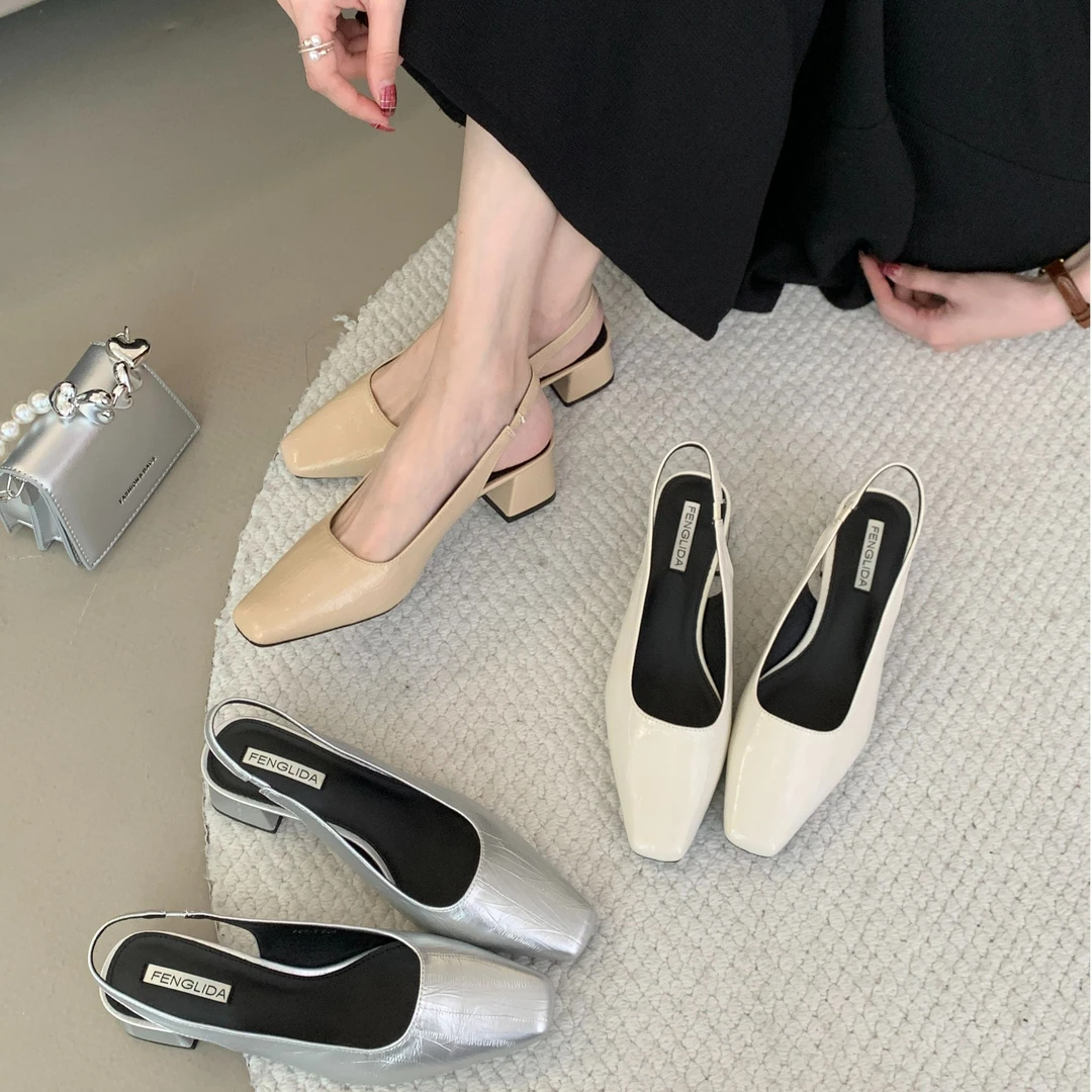 韩版方头纯色简约百搭时尚玛丽珍外穿粗跟后空包头凉鞋368-1