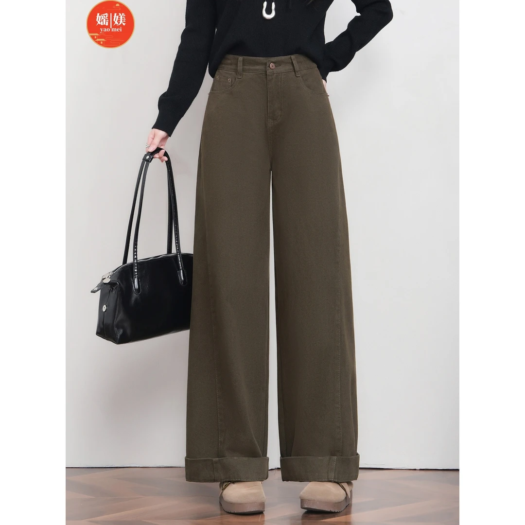 爆款棉阔腿牛仔裤女2025秋冬新款高腰显瘦卷边休闲百搭直筒裤子