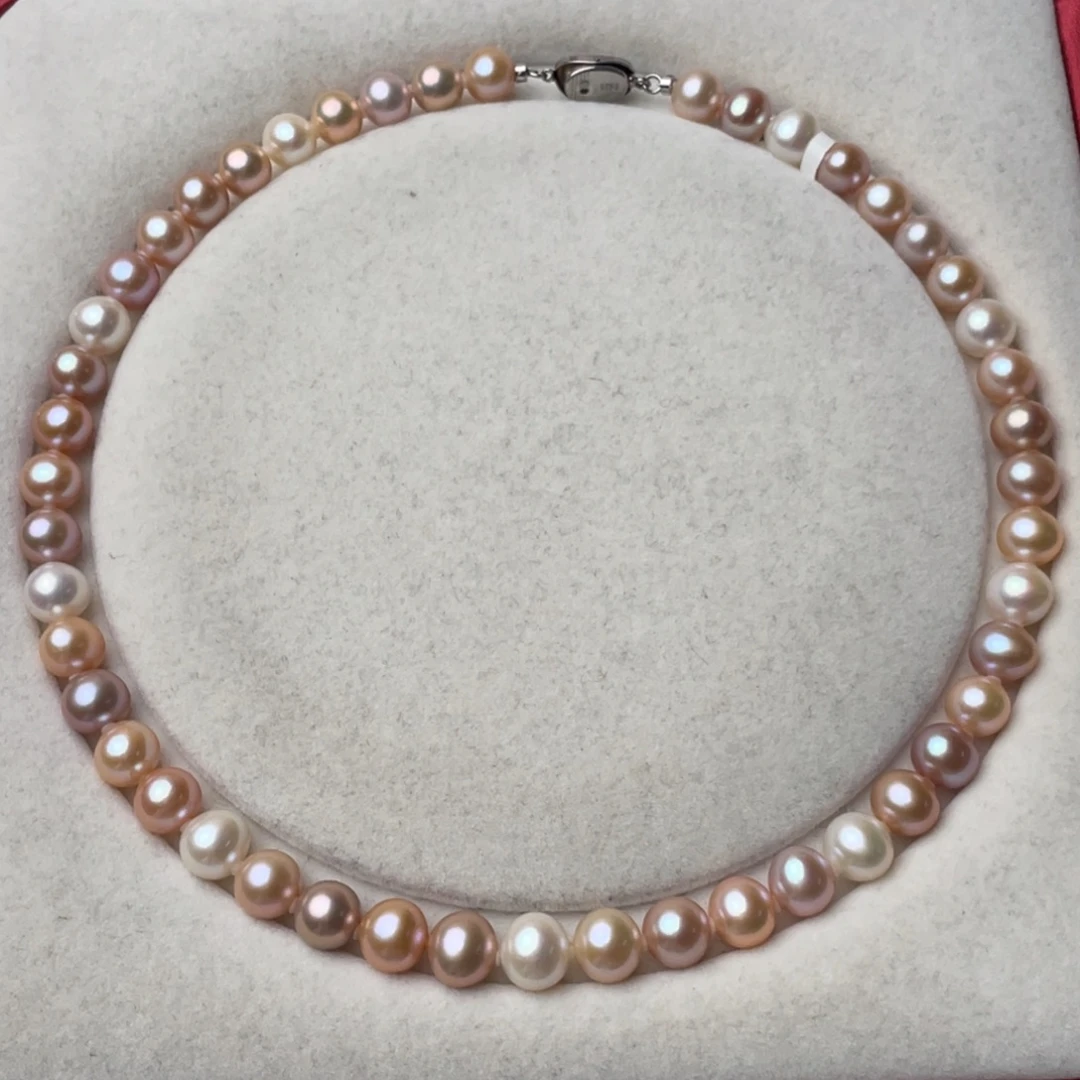 淡水珍珠银S925镶嵌颈饰8.5-9mm无核正圆无暇