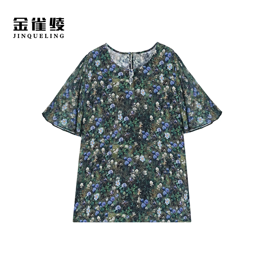 金雀绫【莫奈花园】100桑蚕丝设计师款碎花大码女装小衫SZA1S269