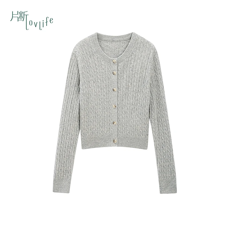 片断毛衣女冬季新款圆领休闲简约文艺减龄绞花设计短款开衫