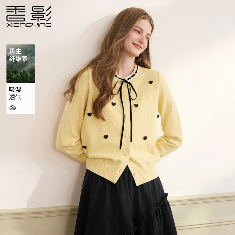 【直播专享】M75W975毛针织衫 香影甜美鹅黄色针织小开衫女冬季新