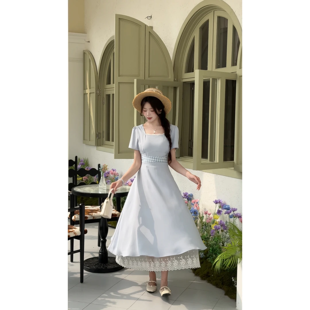 《氧气夏日》法式气质方领格子绑带夏季设计感时尚连衣裙