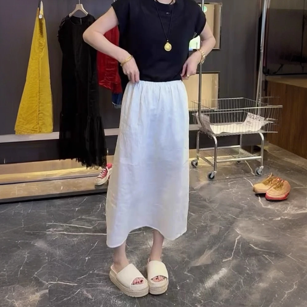 夏季薄款亚麻半身裙女大码胖mm小个子高腰宽松显瘦A字直筒中长裙