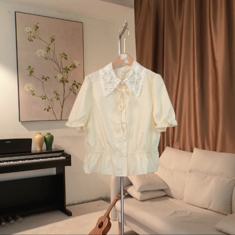 G578 春夏款立体钉珠蕾丝领系带装饰衬衫女 3Q15