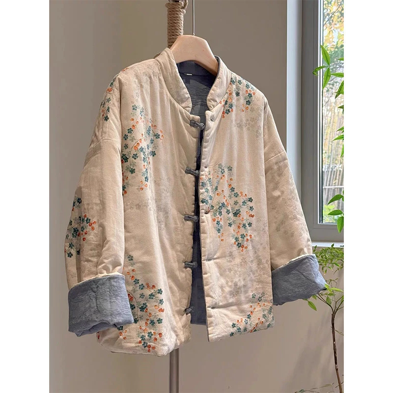 新中式复古民族风双面穿袄子棉衣立领改良唐装印花保暖棉服外套女