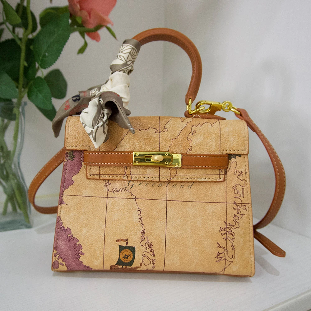 正品高订地图纹凯莉包新款环游地球手提包女士百搭气质时