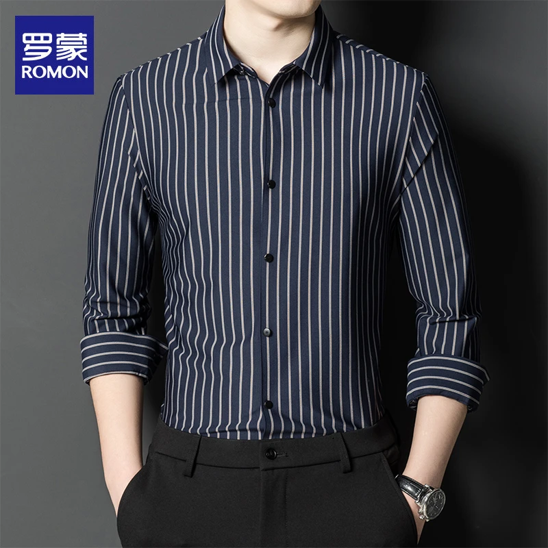 Romon/罗蒙无痕衬衫男长袖时尚免烫春秋季中青年新款条纹男士衬衣