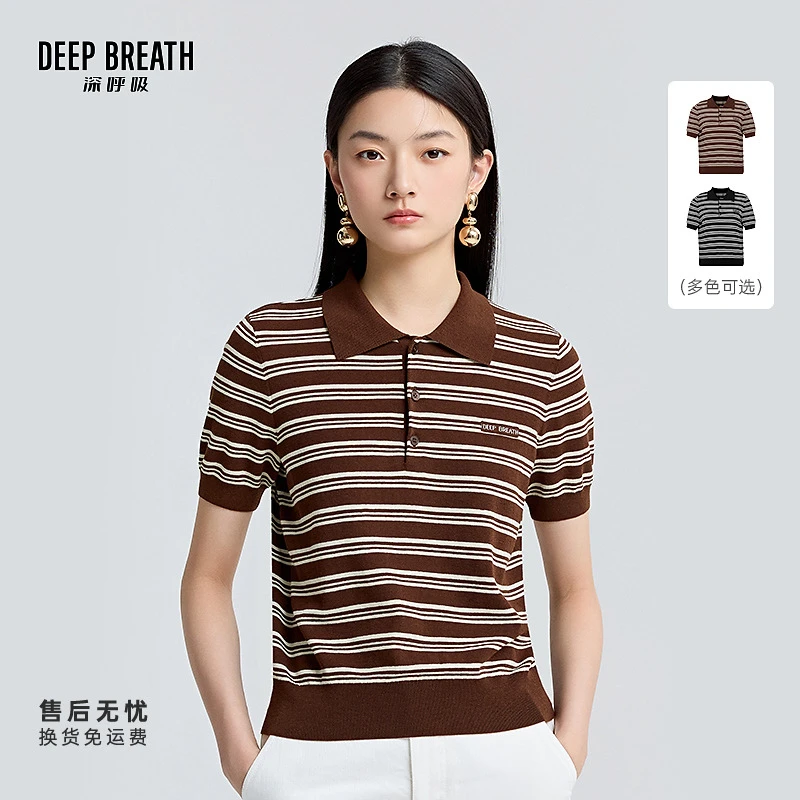 DEEP BREATH深呼吸女装POLO领条纹撞色提花章仔装饰针织衫A301821
