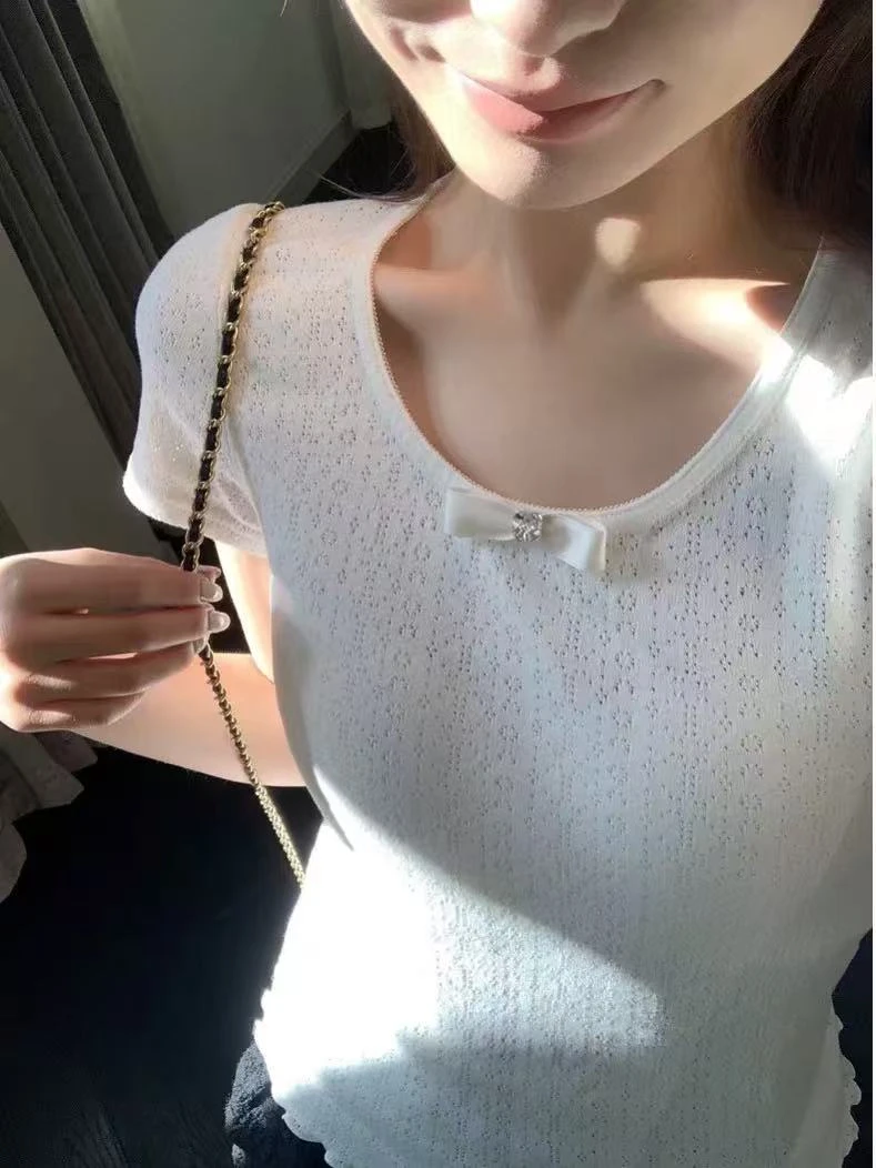 【白色蕾丝短袖】纯欲氛围感气质蝴蝶结T恤甜美少女心修身显瘦上衣