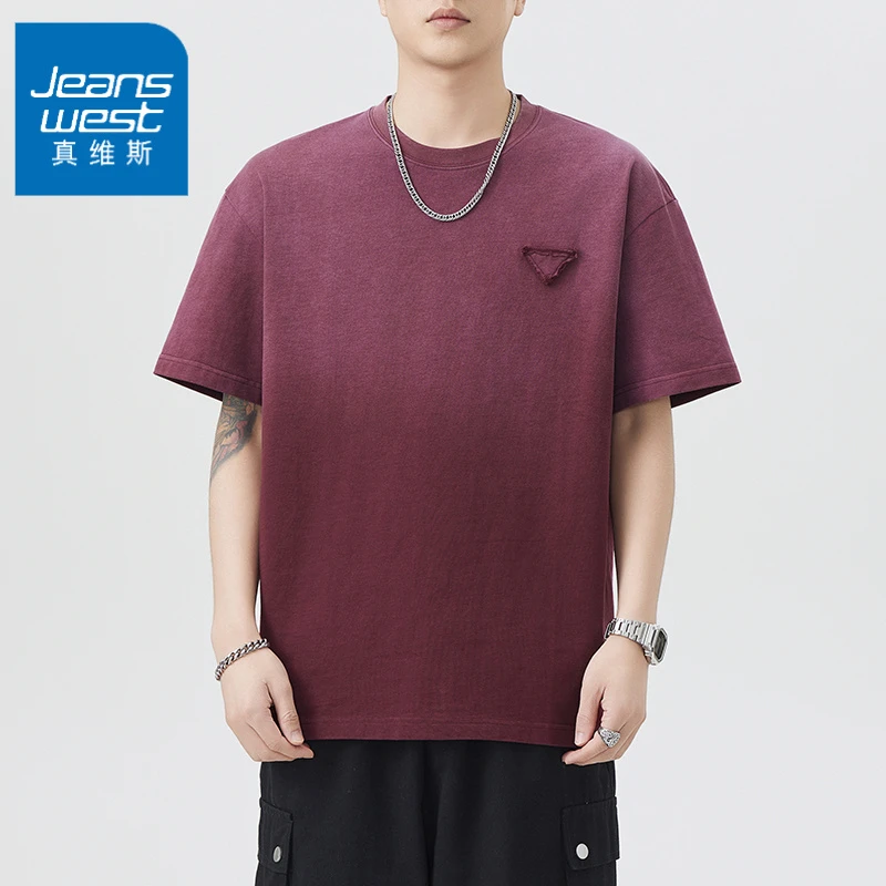 真维斯夏季重磅300克渐变水洗纯棉袖t恤男国潮美式日系休闲