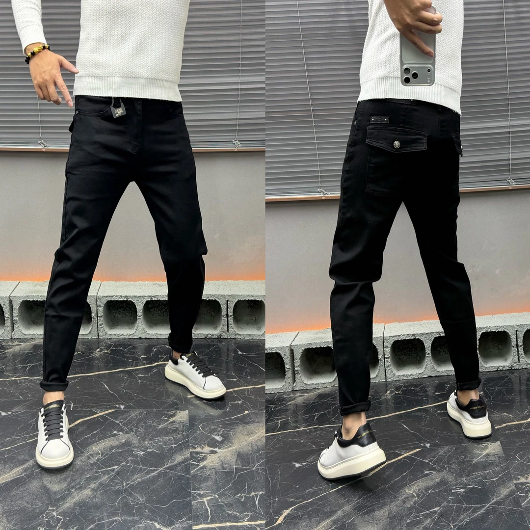 欧货黑色设计感后兜口袋男士牛仔裤弹力小脚轻奢百搭秋冬季痞帅潮