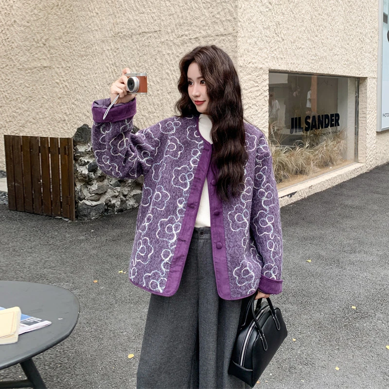 新中式圈圈毛立体绣花毛呢外套2025秋冬新款复古氛围感温柔风开衫