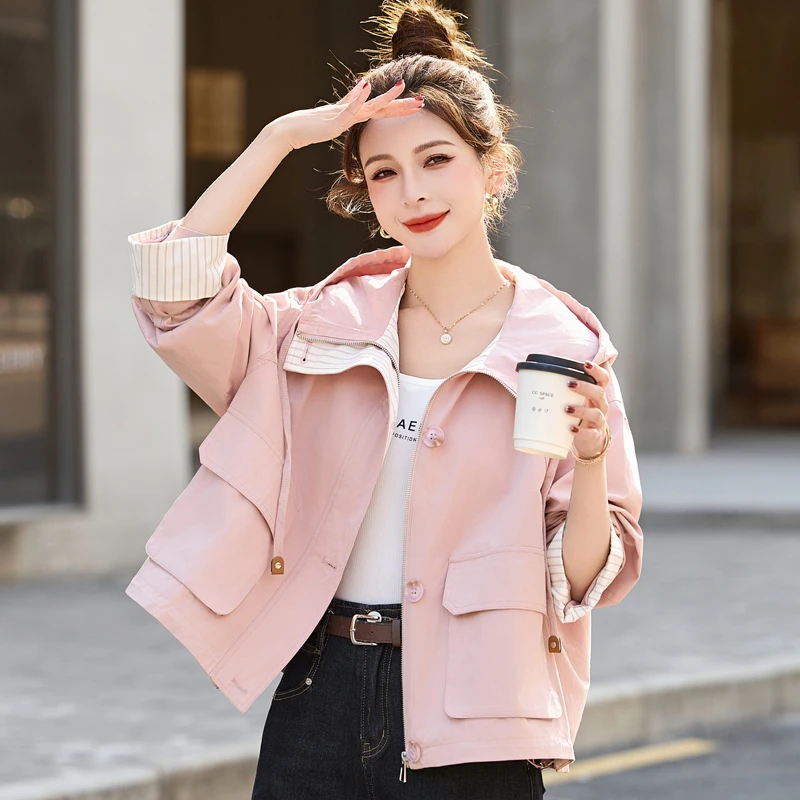 休闲连帽外套女春秋2025新款时尚宽松减龄百搭小个子短款夹克上衣