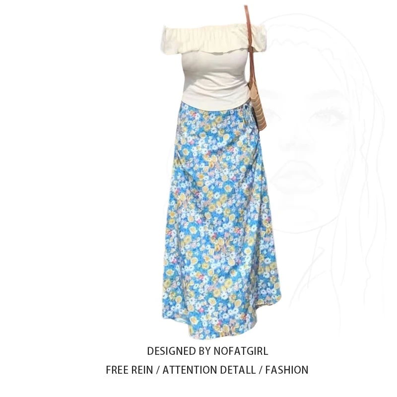 大码胖妹妹纯欲荷叶边一字肩短袖上衣女春夏碎花半身裙度假风套装