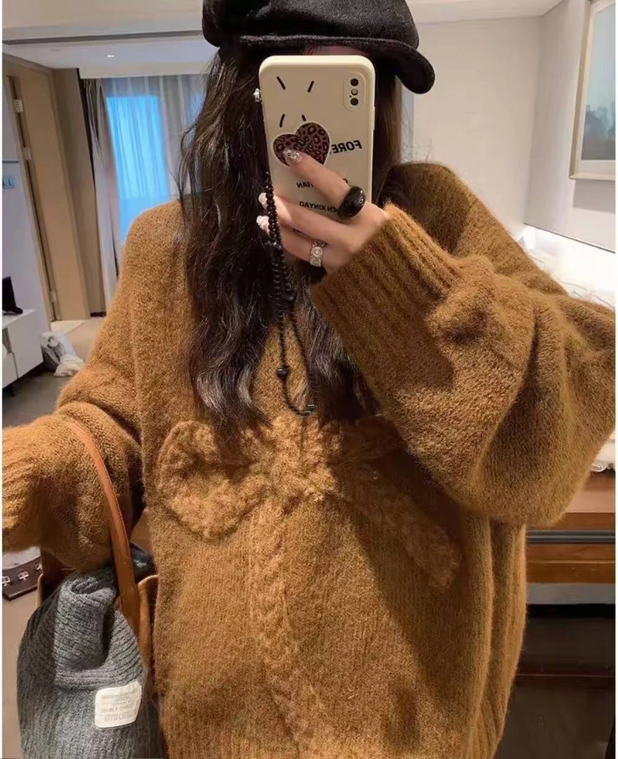 韩版甜美蕾丝花边蝴蝶结拼接毛衣女秋冬新款别致设计感针织衫上衣