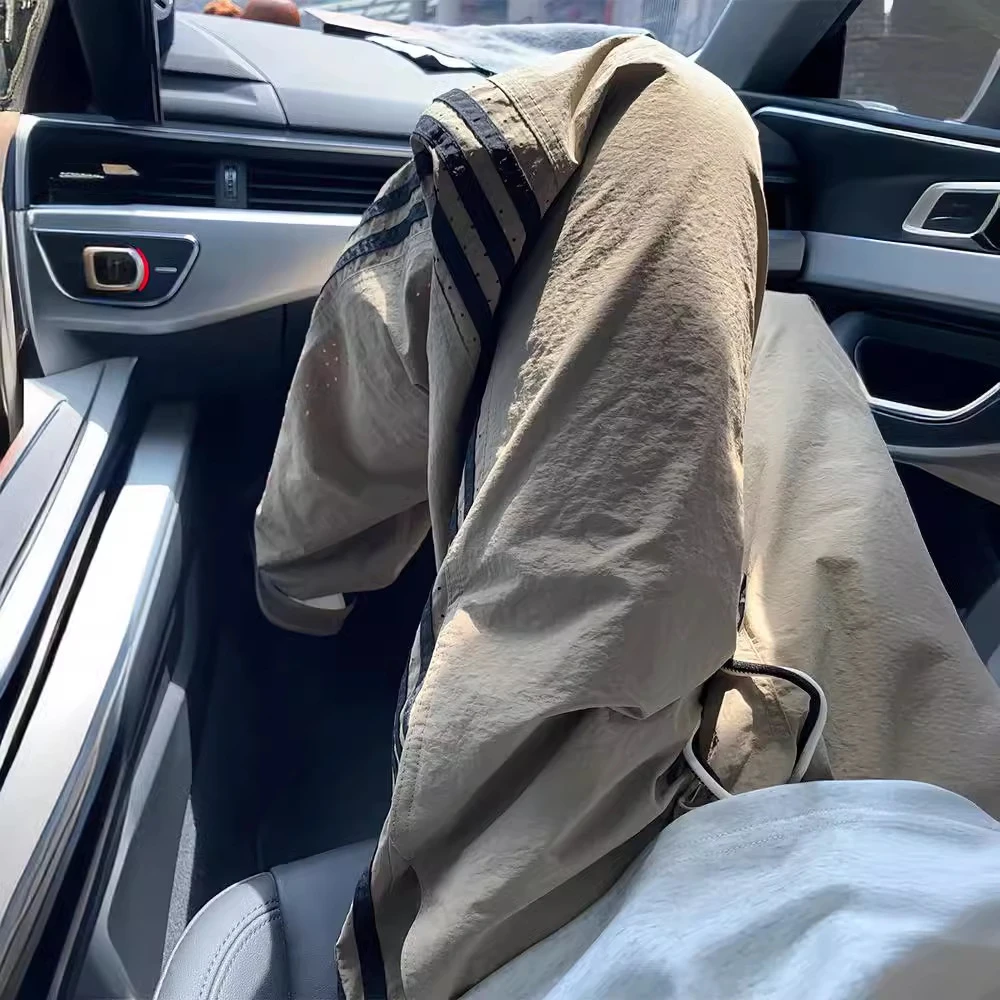 男士黑色条纹裤子男款夏季美式速干工装裤三条杠直筒运动休闲裤