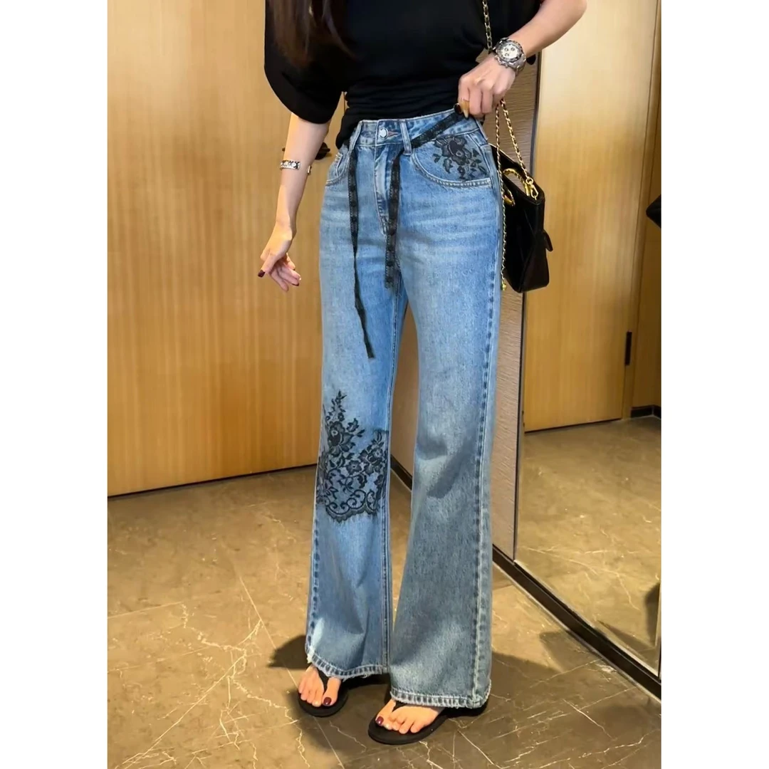 清清利达NEWDADAD手绘蕾丝微喇牛仔裤高腰修身显叭长裤子SDK2102