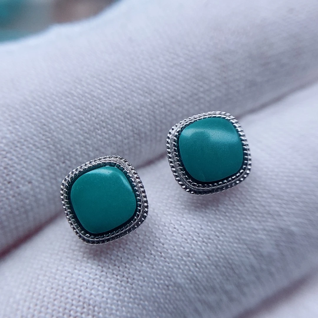 绿松石耳钉银S925镶嵌
