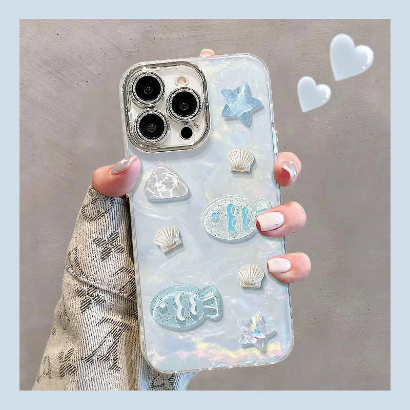 满屏小鱼适用苹果15vivo华为oppo小米iPhone16精孔贝壳纹手机壳