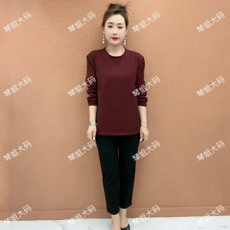 秋冬新款休闲圆领打底衫薄款时尚中老年女装加肥加大妈妈装YS
