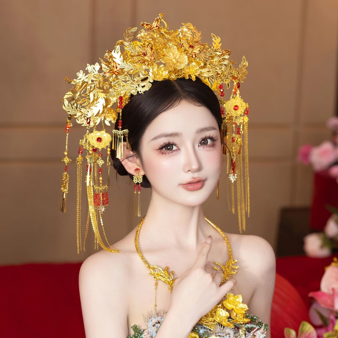 予禧-15328金色凤冠金色新中式新娘头饰简单流苏奢华婚礼大冠