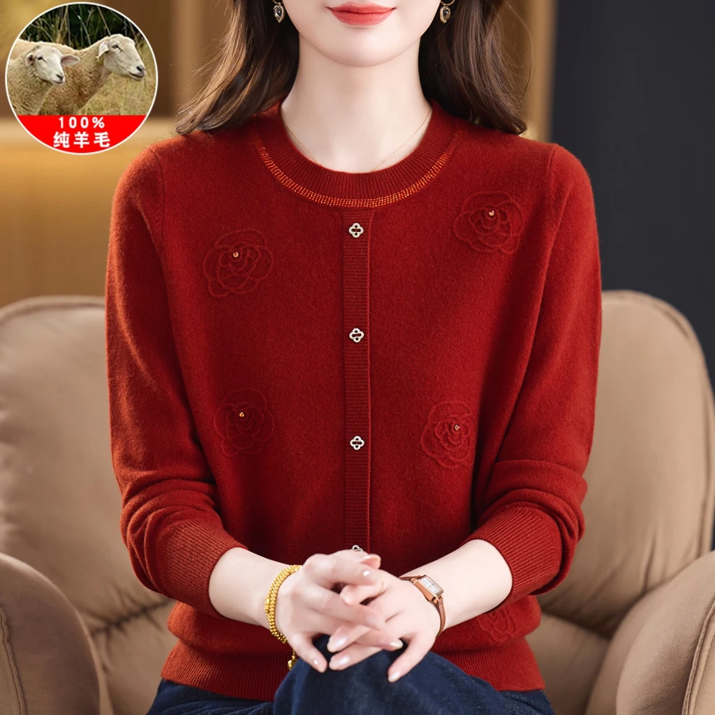 羊毛衫女100纯羊毛秋冬新款中老年妈妈装时尚圆领软糯毛衣打底衫