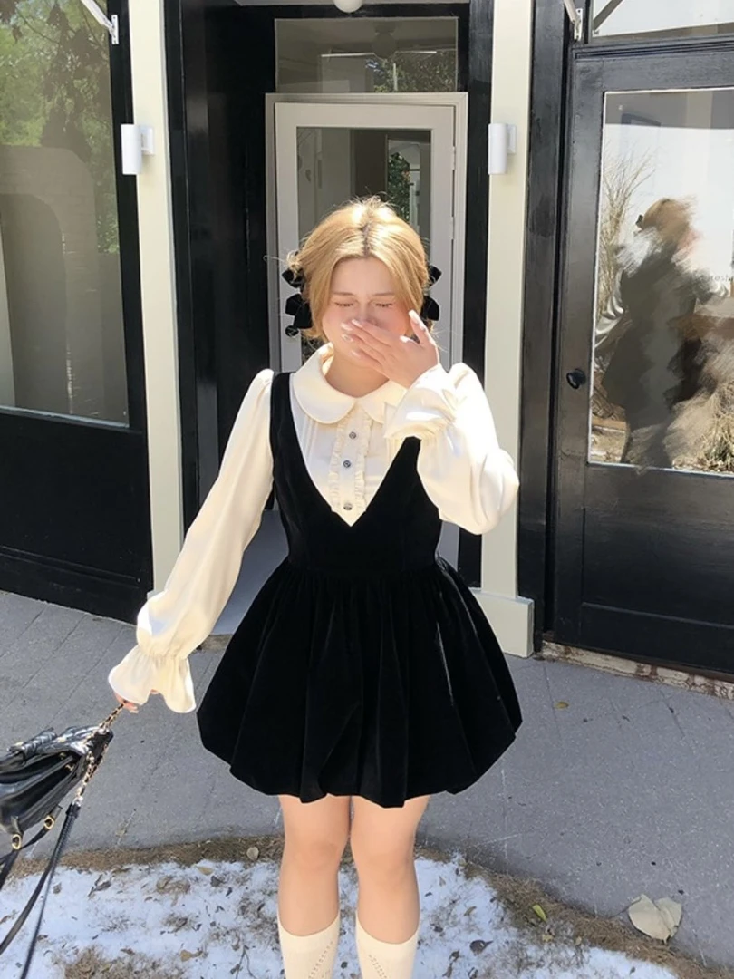 大码胖mm甜美丝绒拼接长袖连衣裙秋冬千金气质显瘦遮肉花苞短裙子