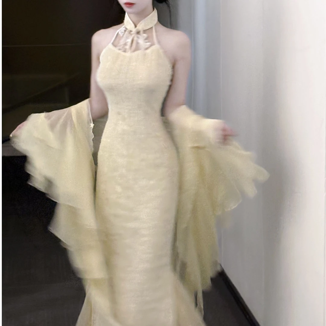 画报夫人原创自制新中式国风蕾丝清冷旗袍挖肩连衣裙 露白