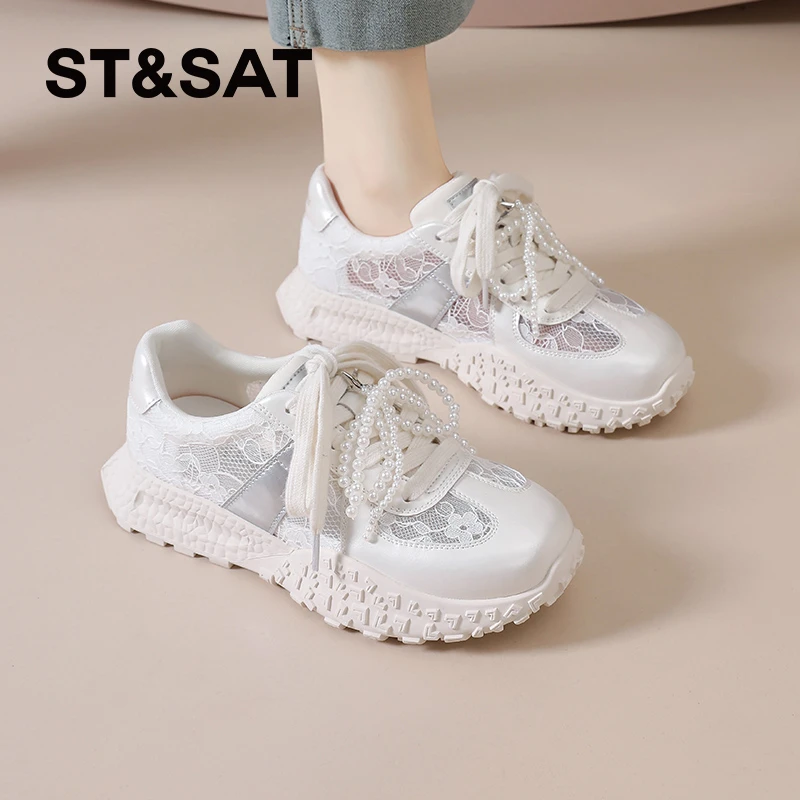 星期六小白鞋女2025夏季新款透气蕾丝网鞋休闲运动鞋配裙子德训鞋