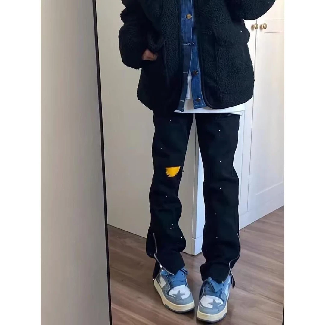 美式街头水洗做旧破洞牛仔裤男春秋直筒宽松欧美高街vibe风长裤子