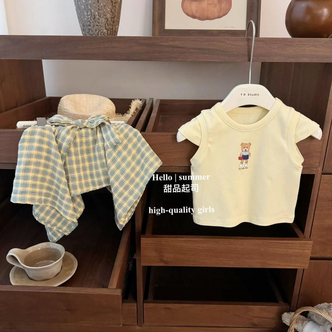 【甜品起司】奶酪熊！韩国卡通背心套装女宝宝上衣格子短裙两件套