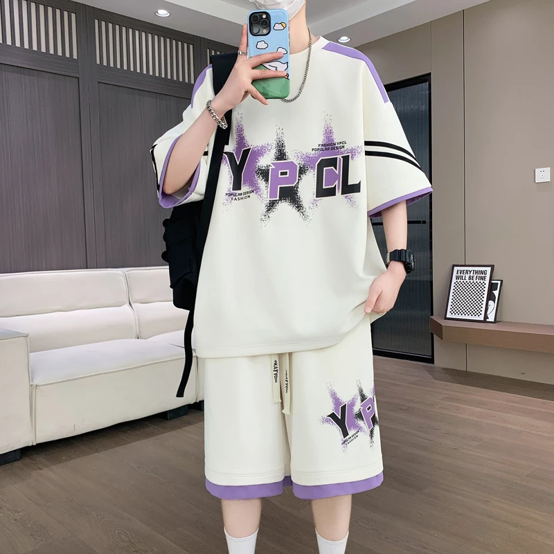 【新款】休闲夏季短袖短裤高档青少年时尚潮流男士圆领五分裤套装