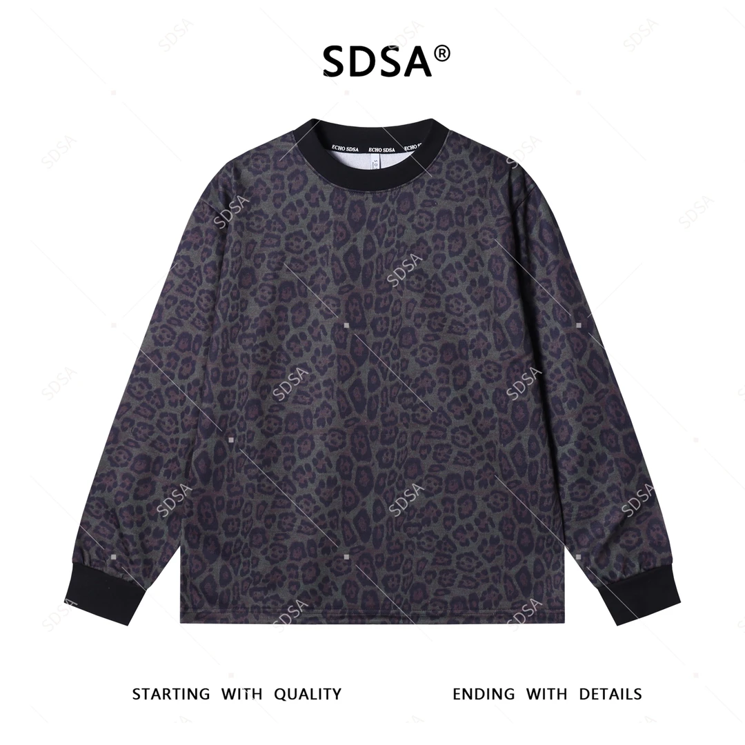 SDSA男士2025新款轻奢痞帅男装撞色豹纹设计圆领长袖T恤休闲网红