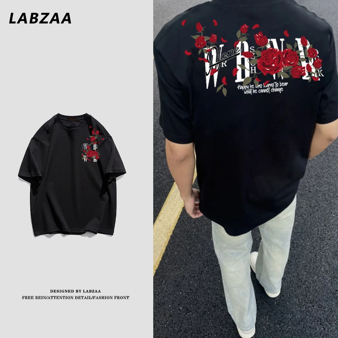 labzaa潮牌街头风植物花卉字母印花纯棉短袖T恤男女夏季情侣上衣